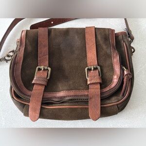 Massimo Dutti Suede and Leather Messenger Style Shoulder Bag Brown Brass Buckle